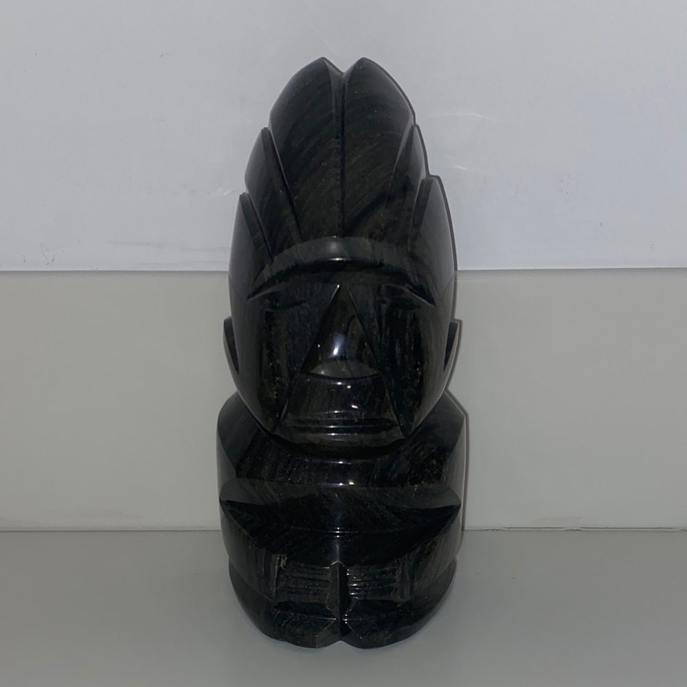 Hand Carved 9" Black Obsidian Aztec/Mayan Tribal Statue Figurine Volcanic Stone